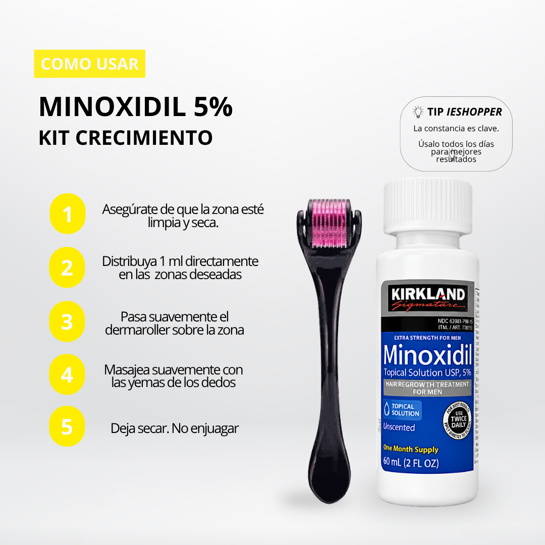 Minoxidil Kirkland 5% Caja Completa x6 + Dermaroller Original | Crecimiento de Cabello Colombia