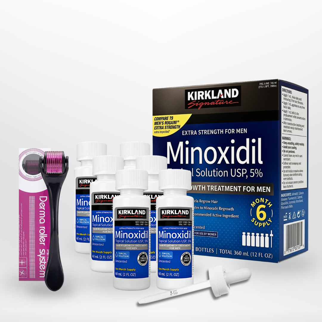 Minoxidil Kirkland 5% Caja Completa x6 + Dermaroller Original | Crecimiento de Cabello Colombia