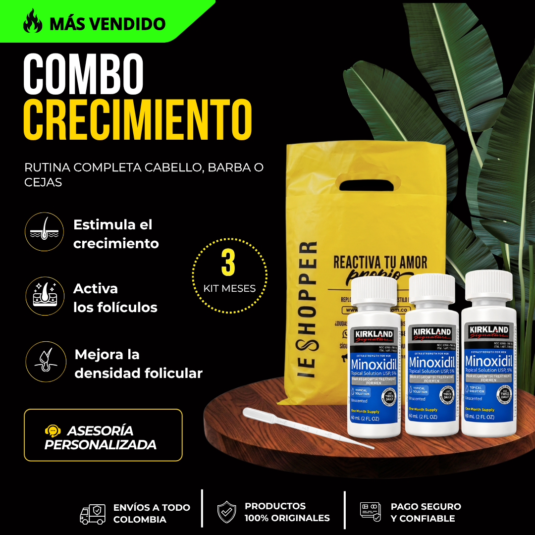 Combo Crecimiento para Barba, Cabello y Cejas con Minoxidil Kirkland | Colombia