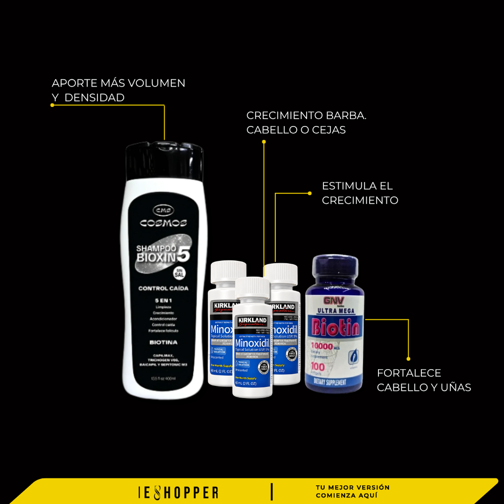 Combo Tratamiento Capilar con Minoxidil Kirkland | Shampoo y Biotina