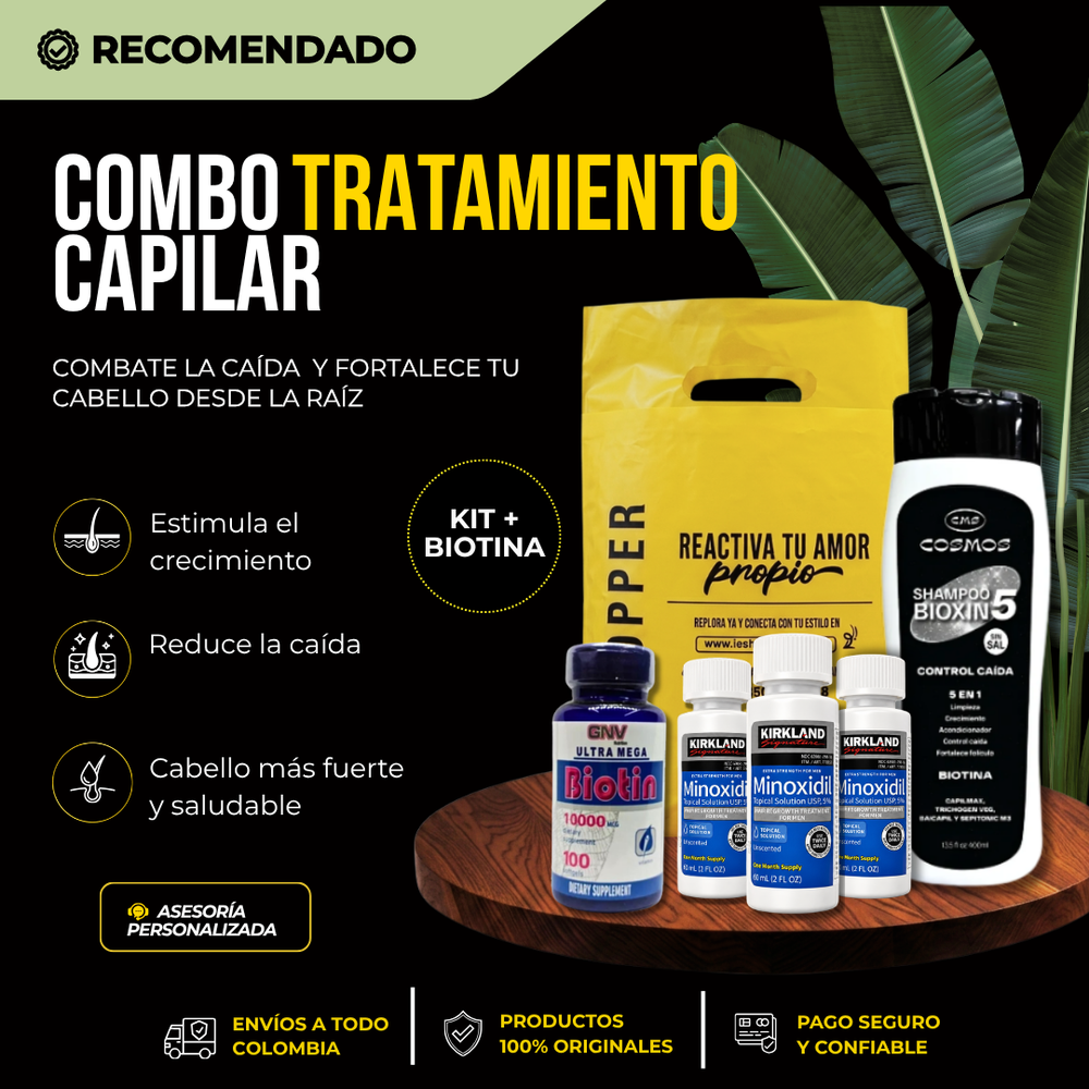 Tratamiento Capilar con Minoxidil Kirkland, Biotina y Shampoo