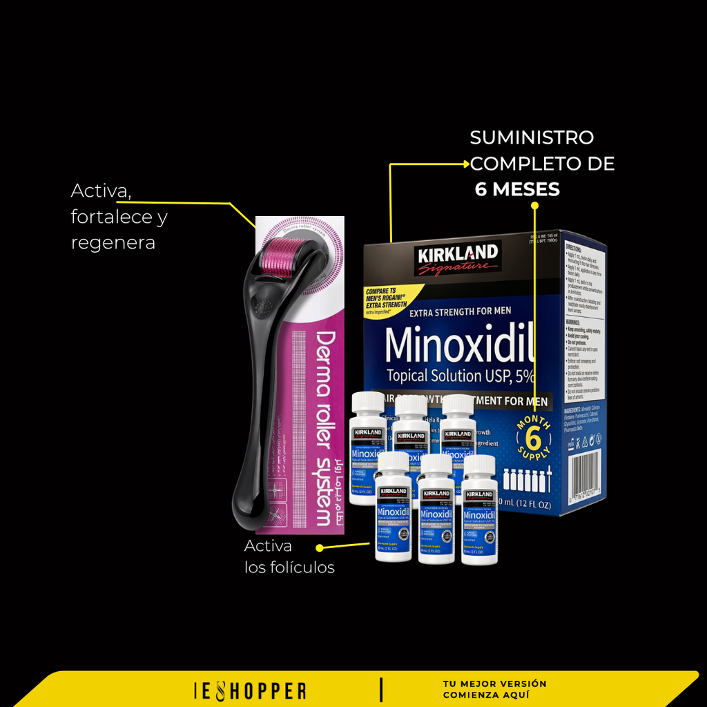 Kit Completo Minoxidil Kirkland Original y Demaroller| Barba, Cabello y Cejas