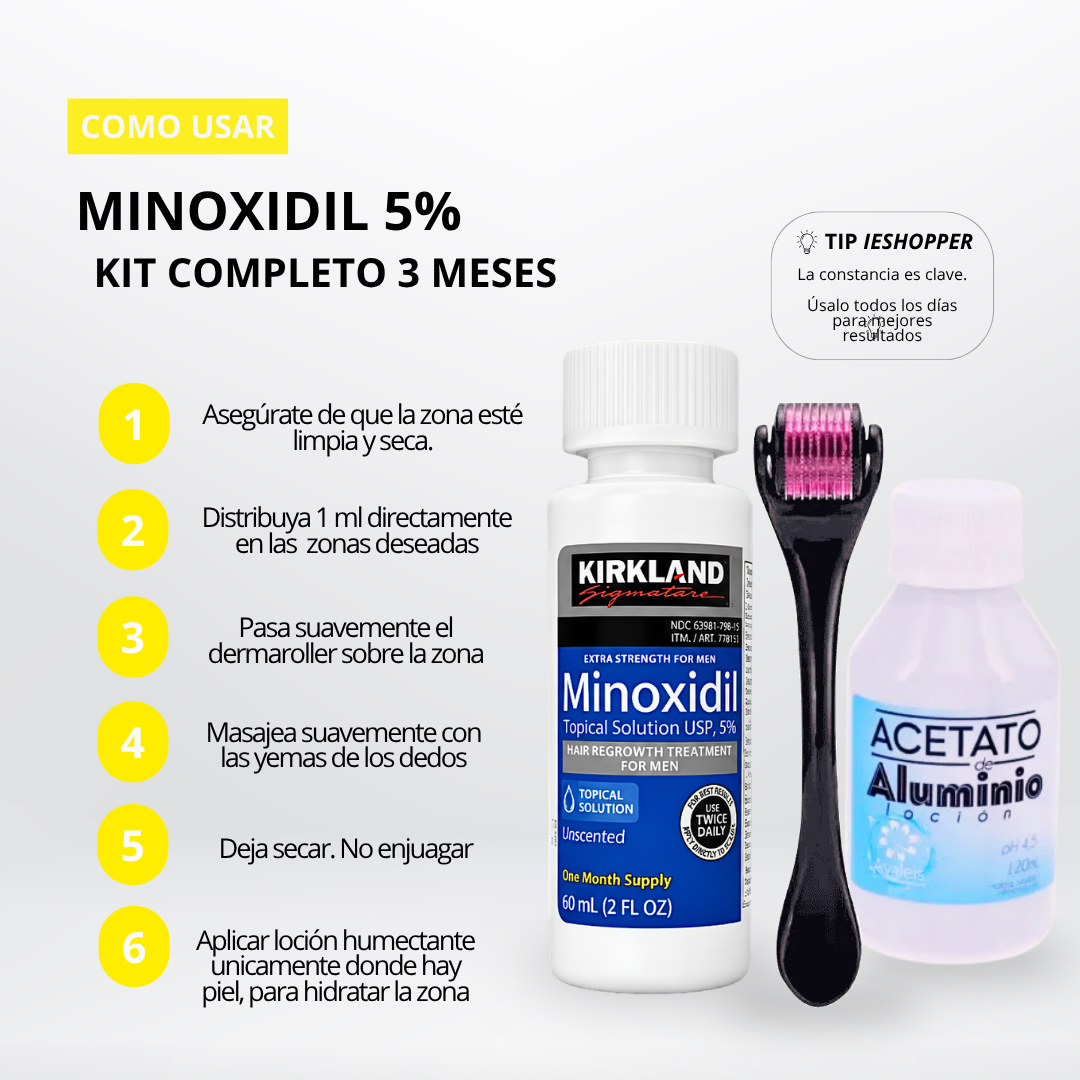 Kit Minoxidil Kirkland 5% x3 + Dermaroller + Loción Humectante | Crecimiento de Barba Colombia (Copia)