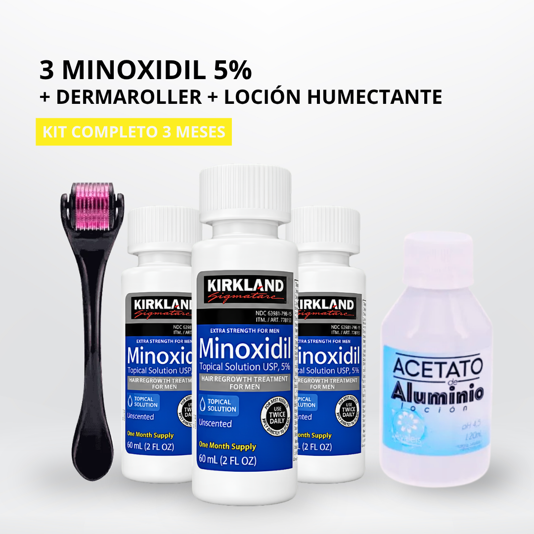 Kit Minoxidil Kirkland 5% x3 + Dermaroller + Loción Humectante | Crecimiento de Barba Colombia (Copia)