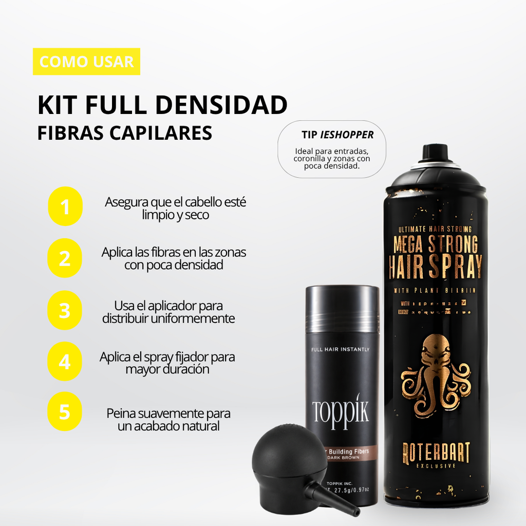 Kit Fibras Capilares Castaño Oscuro + Spray Fijador + Aplicador | Efecto Cabello Abundante Colombia
