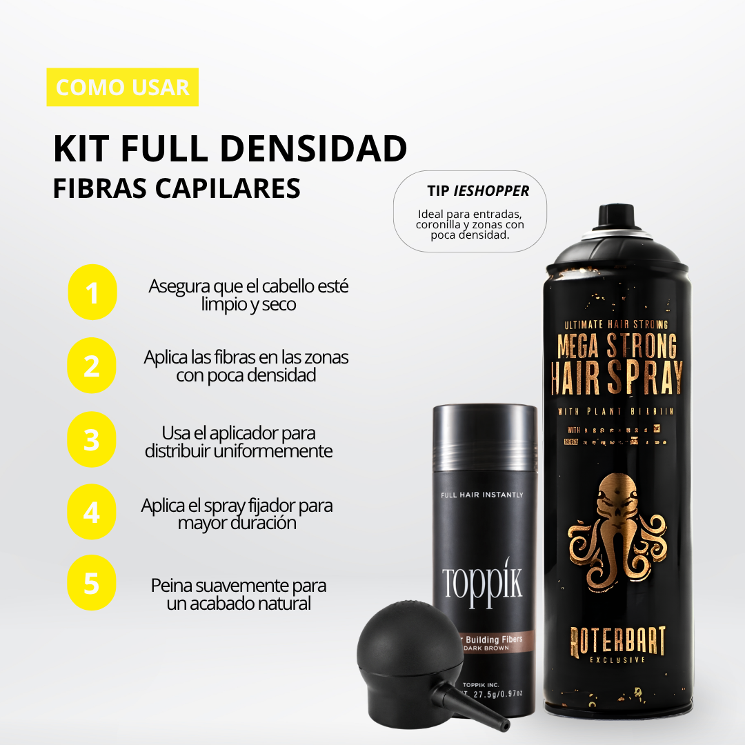 Kit Fibras Capilares Castaño Oscuro + Spray Fijador + Aplicador | Efecto Cabello Abundante Colombia