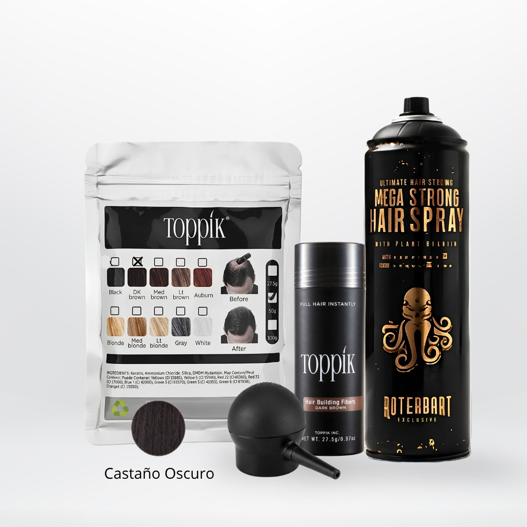 Kit Fibras Capilares Castaño Oscuro + Spray Fijador + Aplicador | Efecto Cabello Abundante Colombia
