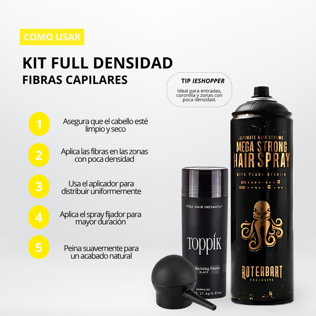 Kit Fibras Capilares Negro + Spray Fijador + Aplicador | Efecto Cabello Abundante Colombia