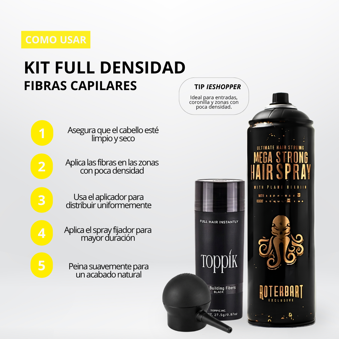 Kit Fibras Capilares Negro + Spray Fijador + Aplicador | Efecto Cabello Abundante Colombia
