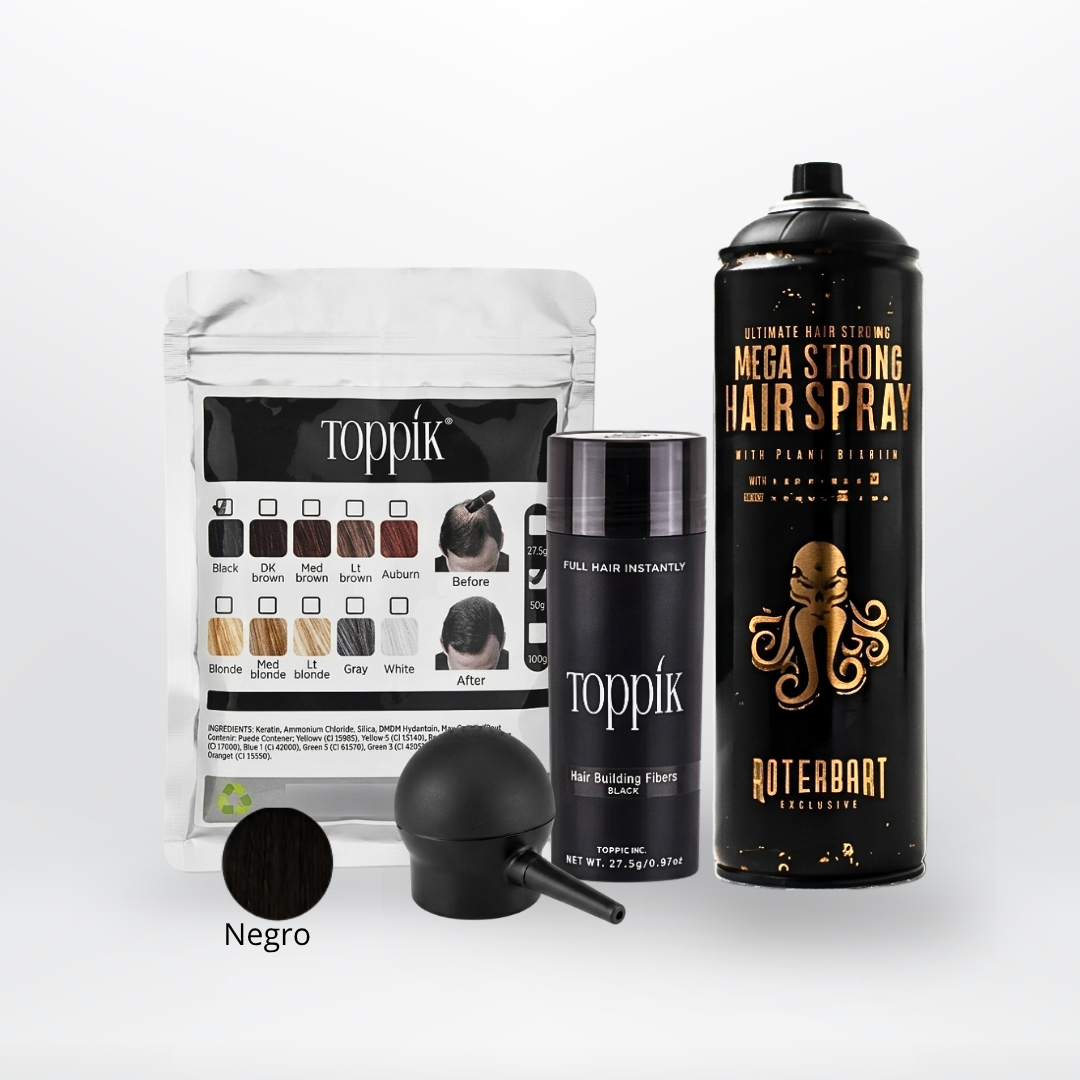 Kit Fibras Capilares Negro + Spray Fijador + Aplicador | Efecto Cabello Abundante Colombia