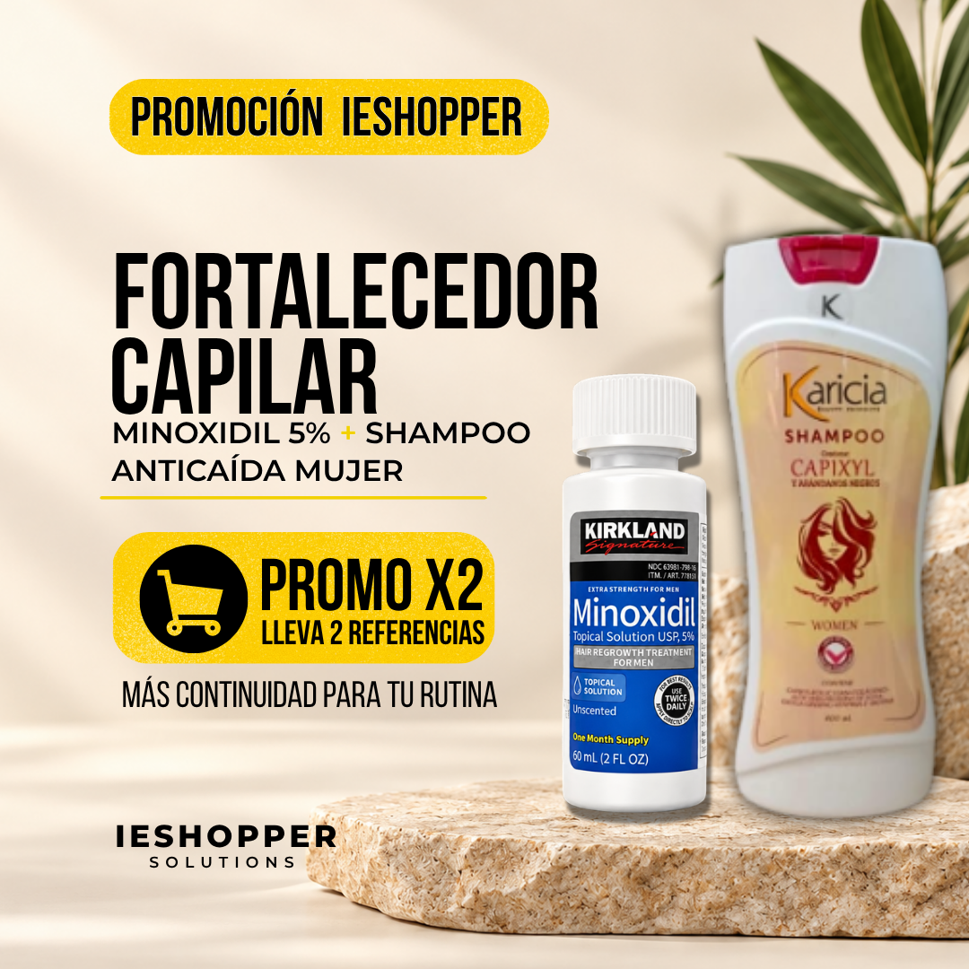 Minoxidil Kirkland x1 + Shampoo Karicia Capixyl Mujer